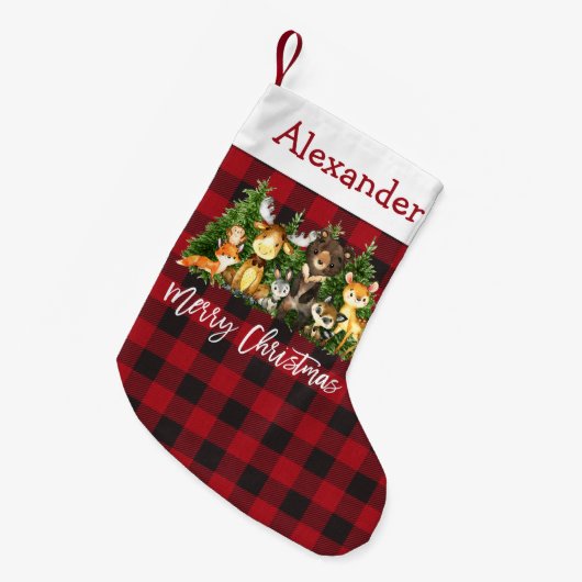 Waterverf Woodland Animals Plaid Brush Script Kleine Kerstsok (Voorkant (Hangend))