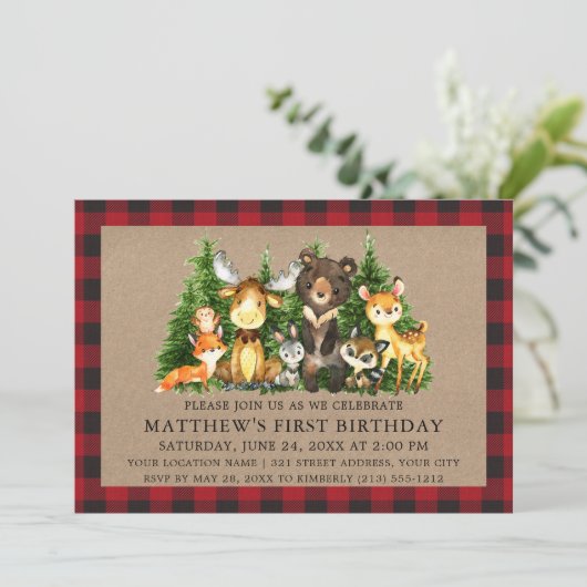 Waterverf Woodland Animals Rustic First Birthday Kaart (Staand voorkant)