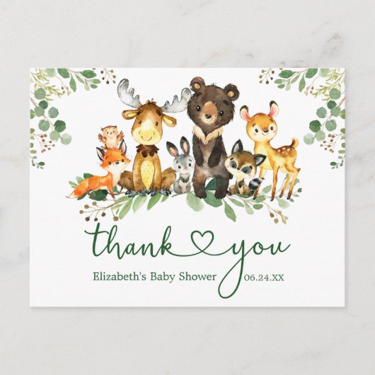 Waterverf Woodland Animals Shower Hartelijk dank Briefkaart (Voorkant)