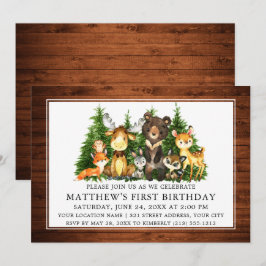 Waterverf Woodland Animals Wood First Birthday Kaart