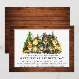 Waterverf Woodland Animals Wood First Birthday Kaart