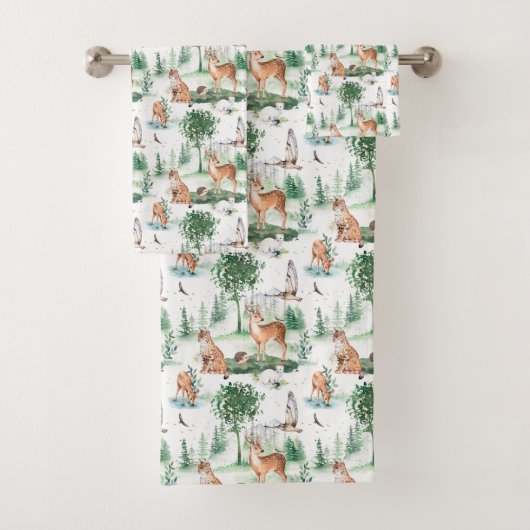 Waterverf Woodland Baby Animal Pattern Bad Handdoek (Insitu)