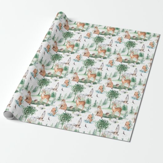 Waterverf Woodland Baby Animal Pattern Cadeaupapier (Uitgerold)
