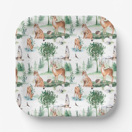 Waterverf Woodland Baby Animal Pattern Papieren Bordje (Voorkant)