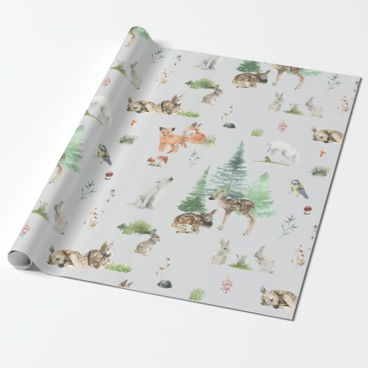 Waterverf Woodland Baby Animals Shower Cadeaupapier (Uitgerold)