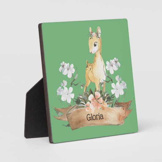Waterverf Woodland Baby Fawn Aangepaste naam Fotoplaat (Voorkant)