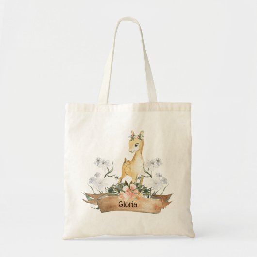 Waterverf Woodland Baby Fawn Aangepaste naam Tote Bag (Voorkant)