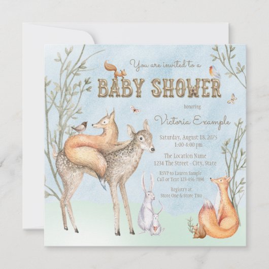 Waterverf Woodland Baby shower Uitnodiging (Voorkant)