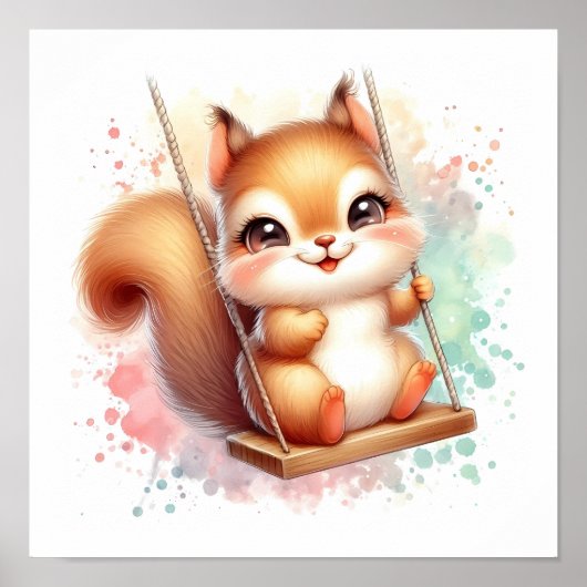 Waterverf Woodland Baby Squirrel Nursery Swing Poster (Voorkant)