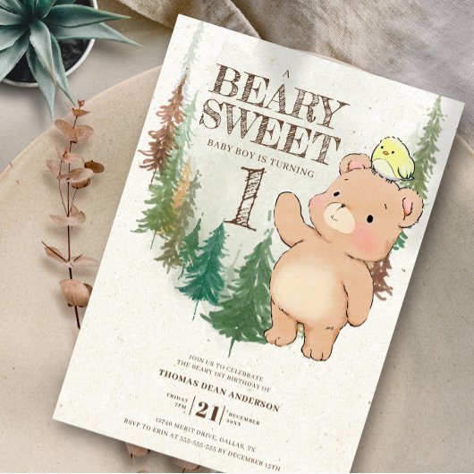 Waterverf Woodland Beary Sweet 1st Birthday Kaart