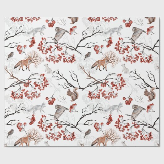 Waterverf Woodland Berries en Dieren Kerstmis Cadeaupapier (Vlak)