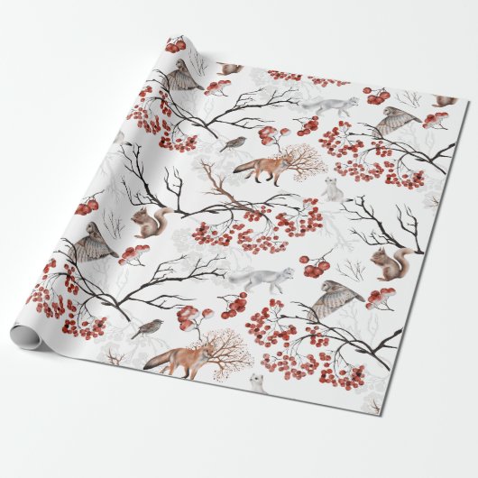 Waterverf Woodland Berries en Dieren Kerstmis Cadeaupapier (Uitgerold)