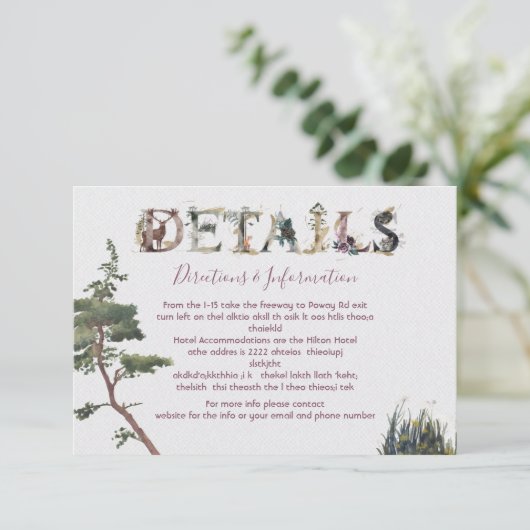 Waterverf Woodland bruiloft details en info kaart (Staand voorkant)