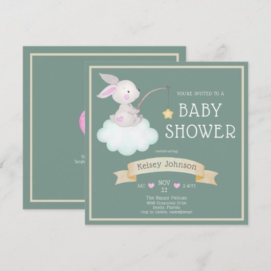 Waterverf Woodland Bunny Sage Green Baby shower Kaart (Voorkant / Achterkant)