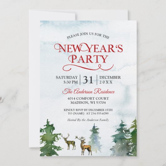 Waterverf Woodland Deer Forest Nieuwjaarsfeest Kaart (Voorkant)