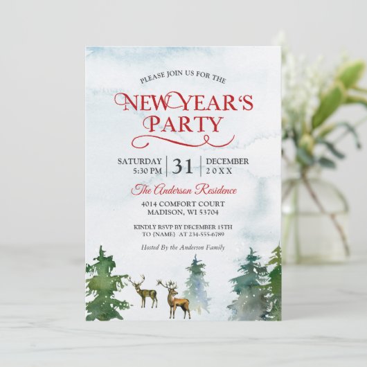 Waterverf Woodland Deer Forest Nieuwjaarsfeest Kaart (Staand voorkant)
