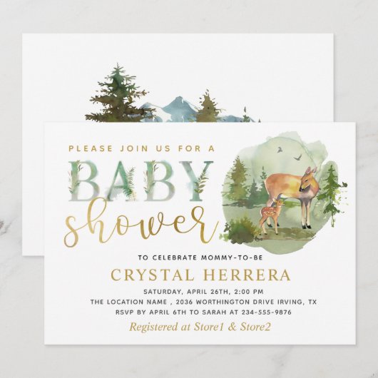 Waterverf Woodland Deer Greenery Baby shower Kaart (Voorkant / Achterkant)