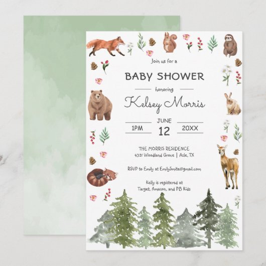 Waterverf Woodland Forest Animals Baby shower Kaart (Voorkant / Achterkant)
