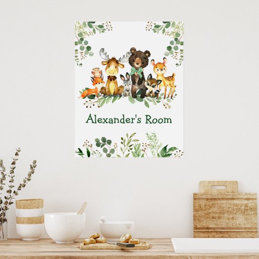 Waterverf Woodland Forest Animals Bow Greenery Poster (Keuken)