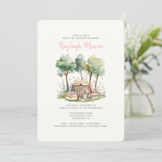Waterverf Woodland Forest Boeken Baby Meisje Douch Kaart (Staand voorkant)