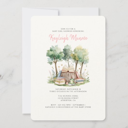 Waterverf Woodland Forest Boeken Baby Meisje Douch Kaart (Voorkant)