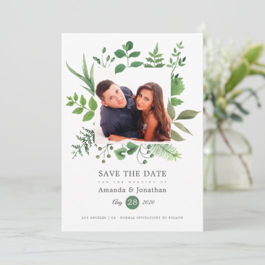 Waterverf Woodland Forest Foto Bruiloft Save The Date (Staand voorkant)