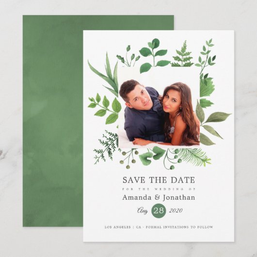 Waterverf Woodland Forest Foto Bruiloft Save The Date (Voorkant / Achterkant)