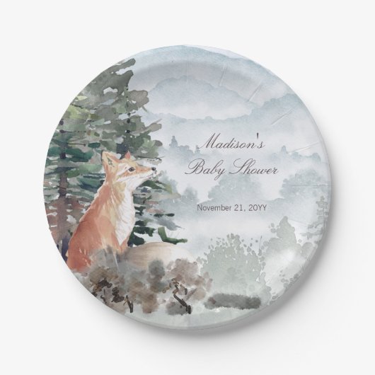 Waterverf Woodland Forest Fox Baby shower Papieren Bordje (Voorkant)