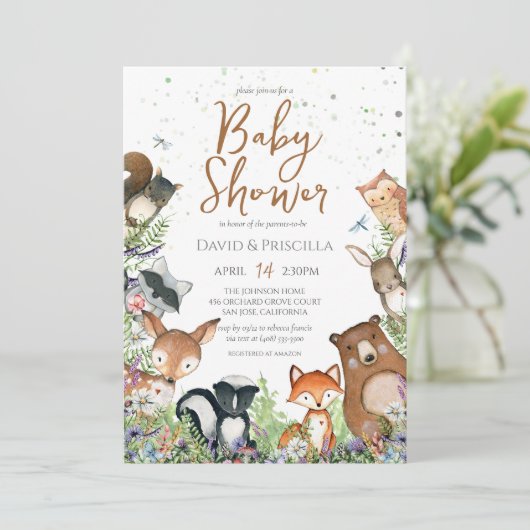 Waterverf Woodland Forest Friends Baby shower in Kaart (Staand voorkant)