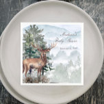 Waterverf Woodland Forest Stag Baby shower Servet<br><div class="desc">Breng rustieke elegantie naar uw baby shower met deze betoverende Waterverf Woodland Forest Stag Baby shower servetten. Met een majestueuze waterverf hert met sierlijke gewei, omgeven door een serene bos van pijnbomen en mistige berglandschap, dit ontwerp vangt de vreedzame schoonheid van de natuur. De handgeschilderde look van deze bosrijke wildlife...</div>