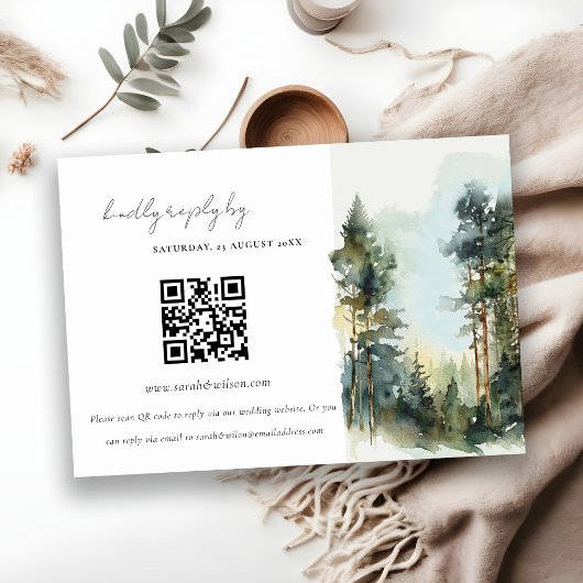 Waterverf Woodland Forest Wedding QR Code RSVP Informatiekaartje