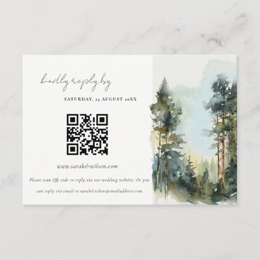 Waterverf Woodland Forest Wedding QR Code RSVP Informatiekaartje (Voorkant)