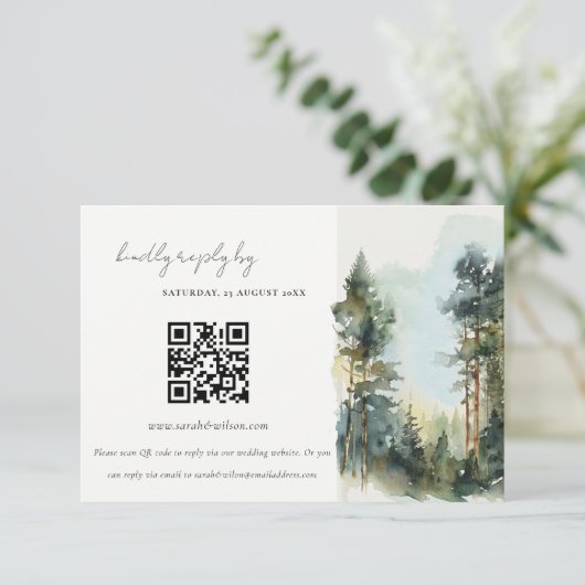 Waterverf Woodland Forest Wedding QR Code RSVP Informatiekaartje (Staand voorkant)