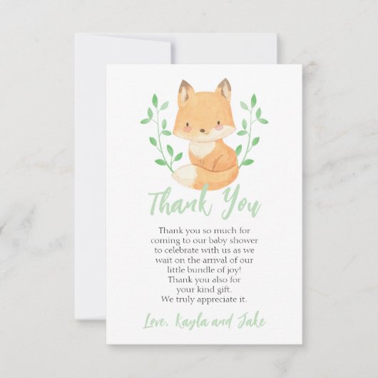 Waterverf Woodland Fox Baby shower Bedankkaart (Voorkant)