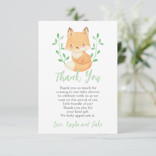 Waterverf Woodland Fox Baby shower Bedankkaart (Staand voorkant)