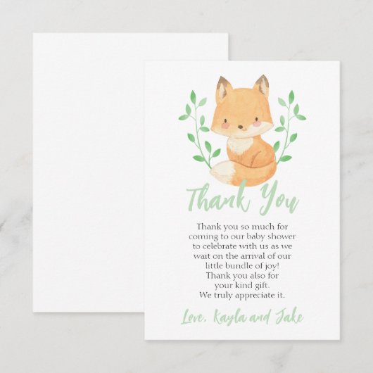Waterverf Woodland Fox Baby shower Bedankkaart (Voorkant / Achterkant)