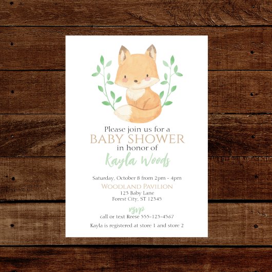 Waterverf Woodland Fox Baby shower Kaart