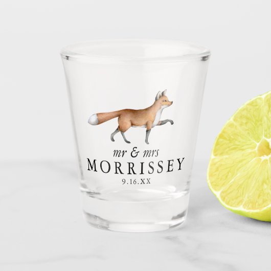 Waterverf Woodland Fox Mr. en Mrs Wedding Shot Glas (Voorkant)