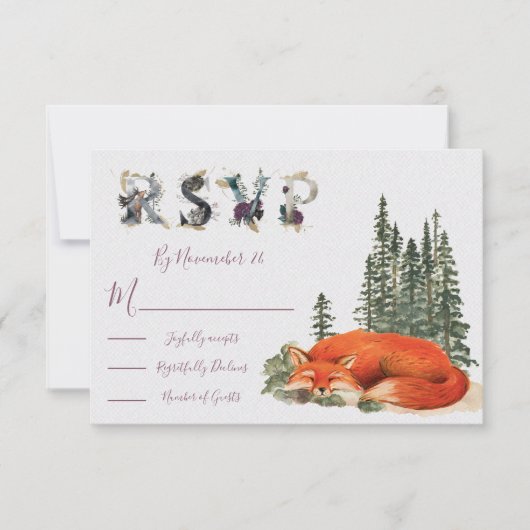 Waterverf Woodland fox Wedding-antwoordkaart RSVP (Voorkant)