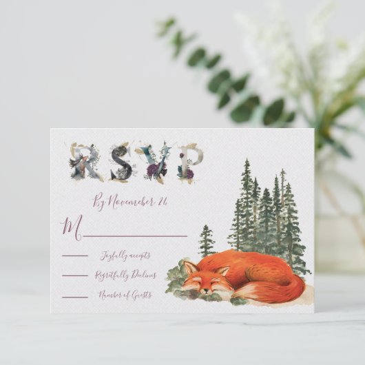 Waterverf Woodland fox Wedding-antwoordkaart RSVP (Staand voorkant)
