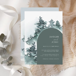 Waterverf Woodland Green Pine Trees Bruiloft Kaart