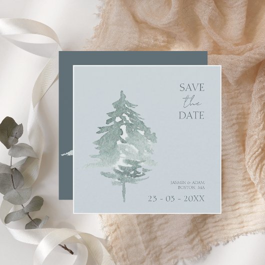 Waterverf Woodland Green Pine Trees Bruiloft Save The Date