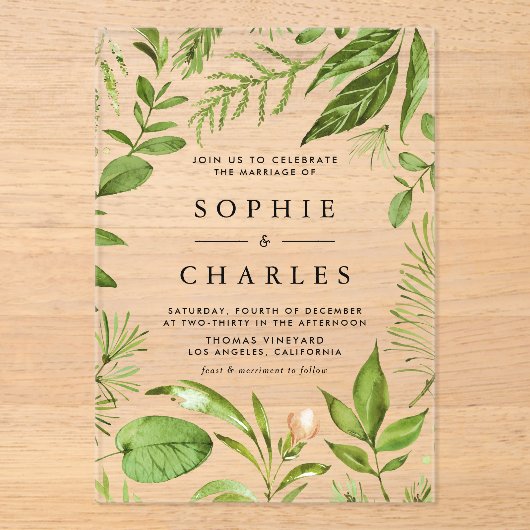 Waterverf Woodland Greenery Lijst bruiloft Acryl Uitnodigingen (Voorkant)