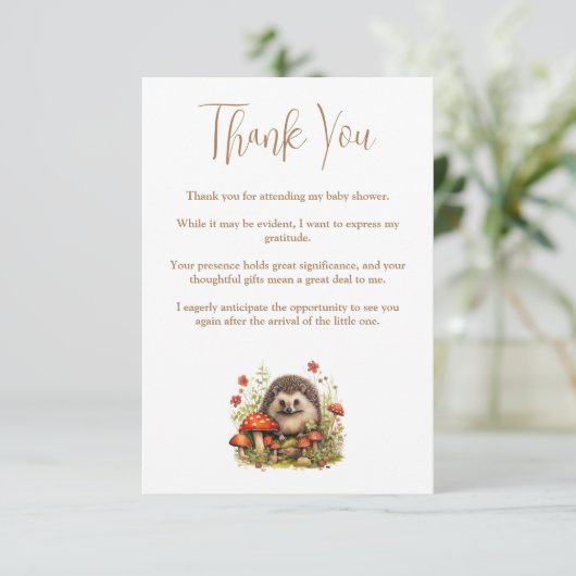 Waterverf Woodland Hedgehog Mushrooms Baby shower Bedankkaart (Staand voorkant)