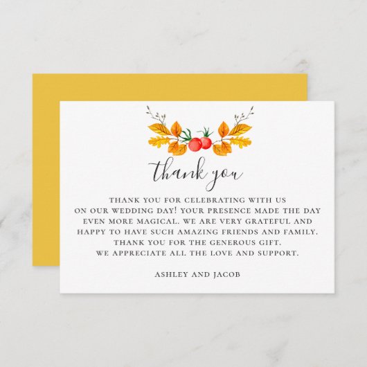 Waterverf Woodland herfstbruiloft. Botanische herf Bedankkaart (Voorkant / Achterkant)