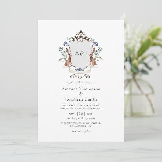 Waterverf Woodland Laurel Crest Monogram Wedding Kaart (Staand voorkant)