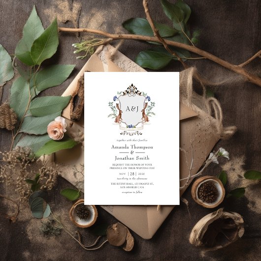 Waterverf Woodland Laurel Crest Monogram Wedding Kaart