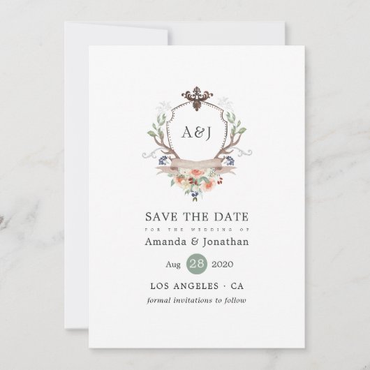 Waterverf Woodland Laurel Crest Monogram Wedding Save The Date (Voorkant)