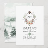 Waterverf Woodland Laurel Crest Monogram Wedding Save The Date (Voorkant / Achterkant)