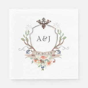 Waterverf Woodland Laurel Crest Monogram Wedding Servet